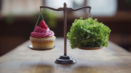Balancing Dessert and Health: Cupcake vs. Lettuce on Scale Comparison