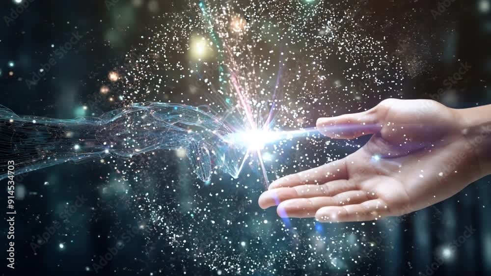 Aufkleber AI, robot and human hands touch big data of global network connection, future artificial intelligence