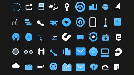 Diverse digital icons in shades of blue on dark background