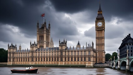 Fototapeta premium Landscape photograph of the Palace of Westminster, a Gothic-style building located in London, England. The image prominently features the iconic Big Ben clock tower on the right, with its large clock 