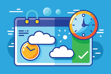 An image with a blue backdrop displaying a clock, calendar, and sun, symbolizing editable time, date, and weather elements.