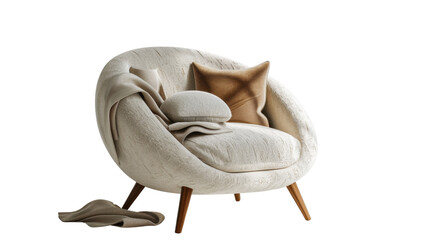 Beige single armchair with round pillow and blanket on transparent background