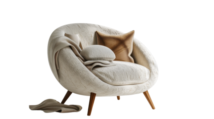 Beige single armchair with round pillow and blanket on transparent background