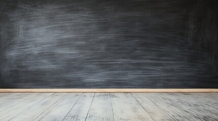 Dark chalkboard with wooden floor and erased content.