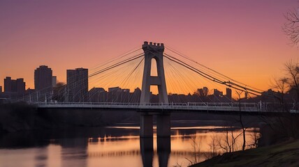 Fototapeta premium Suspension bridge captured during sunset. The bridge has a modern design with tall, white towers and cables extending from the top to the sides.