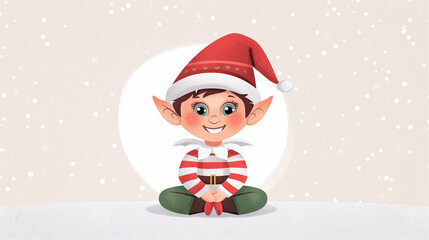 Cheerful Christmas Elf Sitting in a Festive Scene. Adorable Holiday Character with a Red Hat and Striped Outfit. Cute Cartoon Illustration Full of Joy