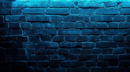 Blue neon brick wall with bright light on the top side