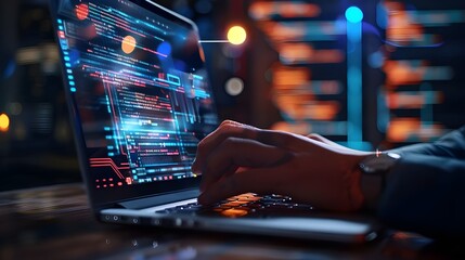 Concept of software development and digital technology. Working on a laptop with a circuit board and javascript on a virtual screen, the internet of things programmer I.T.