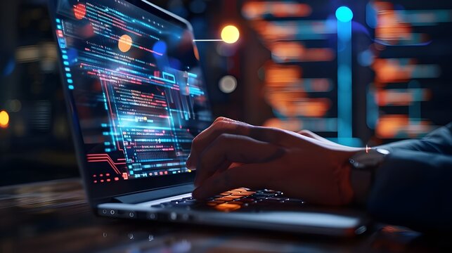 Concept of software development and digital technology. Working on a laptop with a circuit board and javascript on a virtual screen, the internet of things programmer I.T.