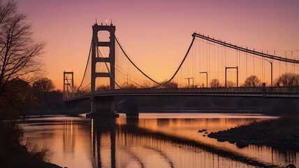 Obraz premium Suspension bridge captured during sunset. The bridge has a modern design with tall, white towers and cables extending from the top to the sides.