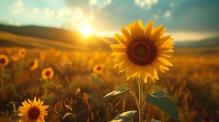 Solitary sunflower standing tall in a vast field its golden petals stretching towards the sun symbolizing resilience and strength in the face of adversity
