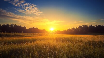 Obraz premium Golden sunset over a field with trees in the distance
