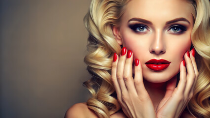 Portrait of a woman with glamorous makeup, wavy blonde hair, and red lips, showcasing her stylish manicure with bold red nails, illuminated by soft lighting. Generative AI