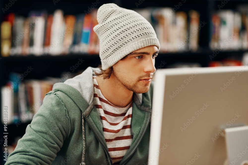 Aufkleber Student, pc and study in college library for programming course, project and information technology. Classroom, man and learning in university for education, app development and school research