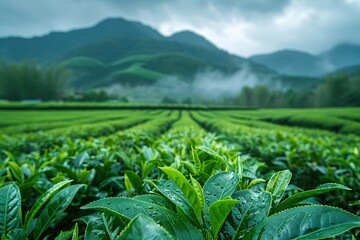 Green tea leaves in a tea plantation in morning , Tea plantations at dawn