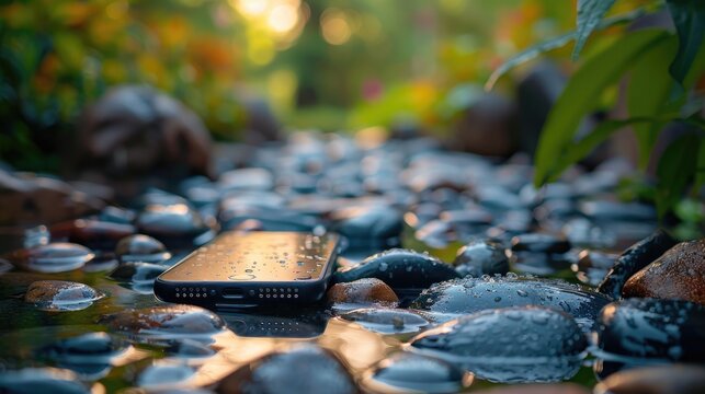 A black phone lies in a shallow stream of water, surrounded by smooth stones. The sun shines through the trees, creating a soft, warm glow.