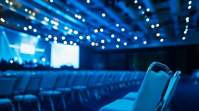 Empty conference hall with a blue lighting setup stage
