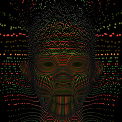 Abstract illustration of a human head in profile made of gold particles and dots on a black background. Vector design