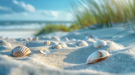 Obraz premium The beach's sand dunes and shell fragments in the summer. Generative Ai