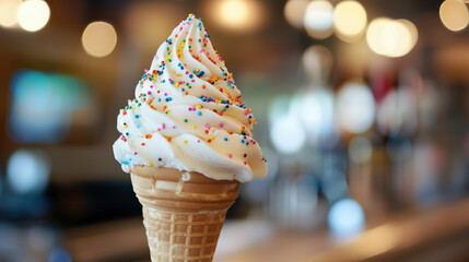 A delightful soft-serve ice cream cone adorned with vibrant sprinkles, set against a beautifully blurred background, evoking feelings of joy and nostalgia.