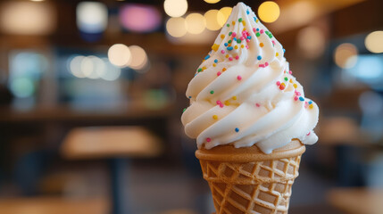 A visually appealing soft-serve ice cream cone swirled with creamy goodness and topped with sprinkles, placed against a colorful blurred backdrop.
