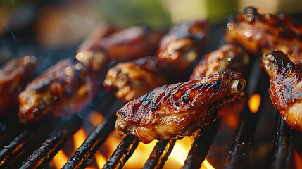 Mouth-watering grilled chicken wings sizzling over an open flame barbecue, capturing the essence of outdoor cooking and the deliciousness of barbecue food.