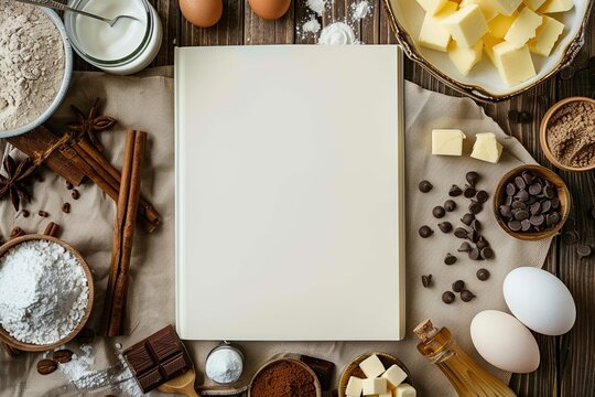 Baking ingredients around blank cookbook