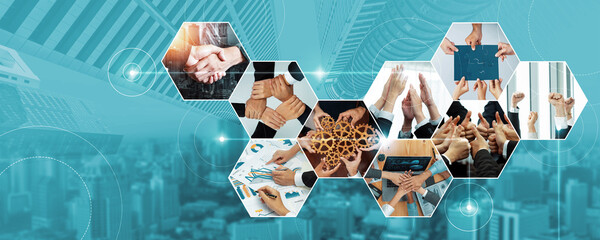 Teamwork and human resources HR management technology concept in corporate business with people...