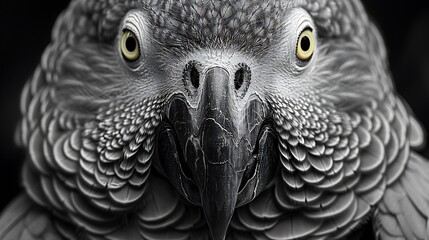 Striking closeup portrait of African Grey Parrot Psittacus erithacus intelligent eye intricate feather pattern filling frame capturing essence of wisdom beauty 