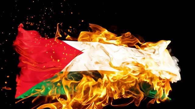 Palestinian flag is engulfed in flames on dark background. Bright flames envelop flag, creating dramatic spectacle, scattering sparks and smoke, adding symbolism and tension to shot.