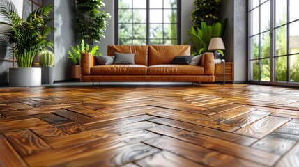 Fototapeta premium Modern living room with wooden floor - generative ai