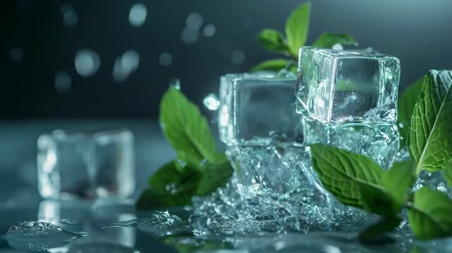 Close-up of three ice cubes and fresh mint leaves on a wet surface. Water droplets splash amid the ice and mint, suggesting cool refreshment. The scene is captured in a dimly lit, possibly evening