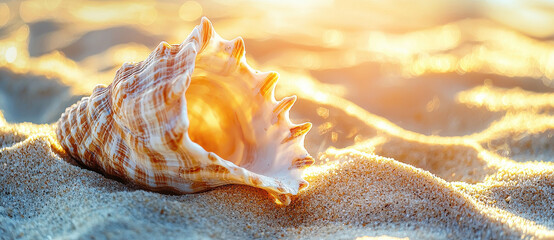 An intricate conch shell laying on a sunlit sandy beach, beautifully captured during the golden hour, showcasing the stunning natural lighting and texture.