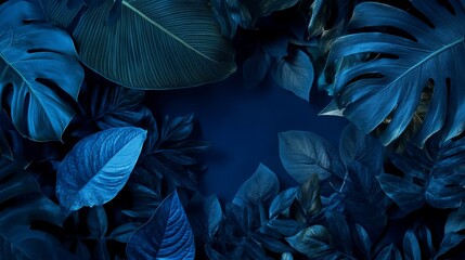 Vibrant tropical leaves in dark blue arrangement