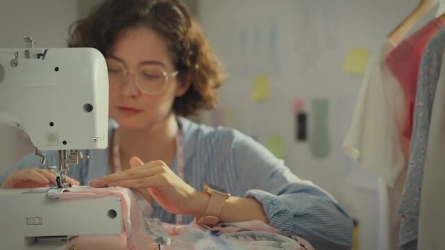 Seamstress. Fashionable girl designer in work clothes in work uniform is engaged in cutting clothes in the studio. Cinematic shot girl activist sews clothes to order follows fashion standards, layout