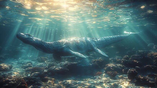 Surreal underwater tableau featuring majestic Elasmosaurus gliding gracefully through sunlit depth of primordial sea long neck undulating like serpent hunt elusive prey offering glimpse into lost