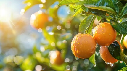 Close-up of oranges hanging on a branch, an orange tree in the garden against a blue sky on a sunny day, orange farm concept.