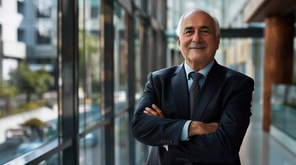 Portrait of successful senior businessman consultant folding arms looking at camera and smiling inside modern office building