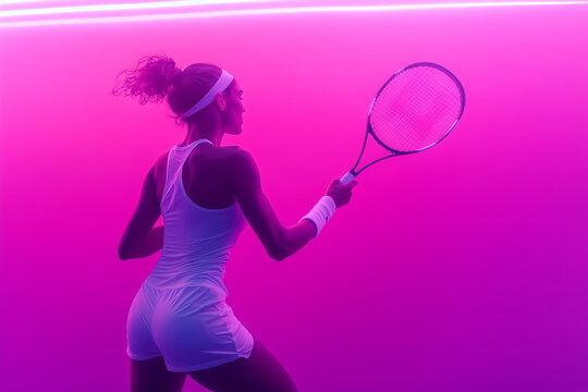 Dynamic Back View of Professional Tennis Player in Neon Court Lights at Dusk
