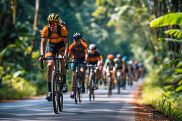 Enthusiastic Group of Asian Cyclists Riding Through Serene Rural Landscape on a Sunny Day