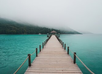 Obraz premium A Beautiful Serene Lake View Featuring a Wooden Pier Set Within a Misty Landscape Scene