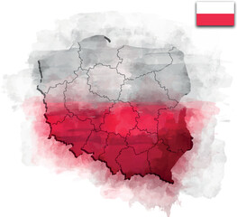 POLAND MAP WITH ADMINISTRATIVE DIVISIONS AND PROVINCES WITH FLAG WATERCOLOR STYLE