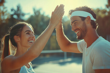 Obraz premium Friends celebrate victory with a joyful high five after an intense tennis match under the warm afternoon sun