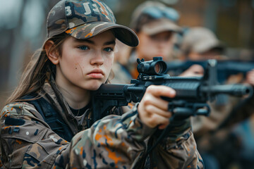 Fototapeta premium Young Aspiring Shooters Engage in Tactical Gun Training at Outdoor Facility in Autumn