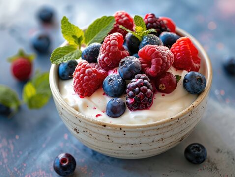 A bowl of yogurt topped with fresh raspberries, blueberries, and blackberries. The yogurt is garnished with fresh mint leaves.