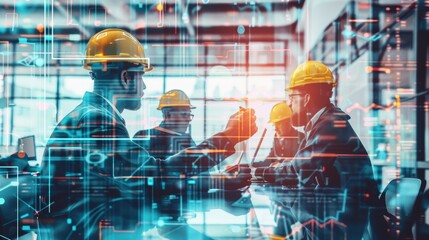 Fototapeta premium A group of men wearing hard hats are standing around a table with a computer scr