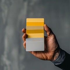 Man's hand holding a palette with 2021's Ultimate Gray and Illuminating Yellow, symbolizing modern