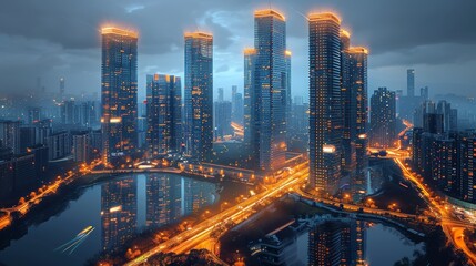 Obraz premium A city skyline with many tall buildings and a river running through it