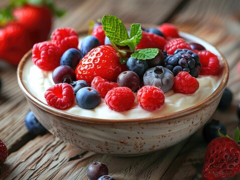 A bowl of yogurt topped with fresh strawberries, blueberries, raspberries and mint.