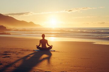 Fototapeta premium Silhouette of a woman meditating at sunrise on a quiet beach, embracing calm and inner peace.
